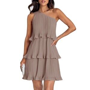 Boho One Shoulder Ruffle Tiered Layered Flowy A Line Dress, LARGE. 22K-167D002